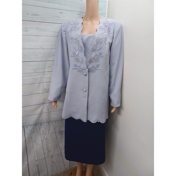 Ben Marc / G. M. I. Herringbone Suit Set Jacket Skirt Sz 14 Lavander Navyblue - Picture 1 of 7
